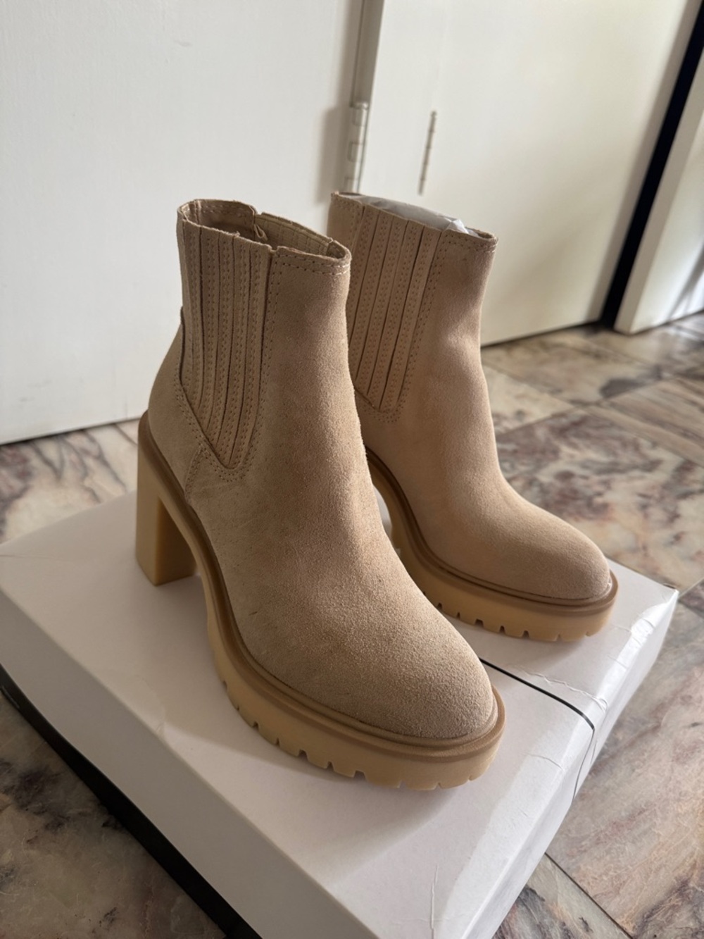 Dolce Vita Tan Suede Platform Chelsea Heeled Boots